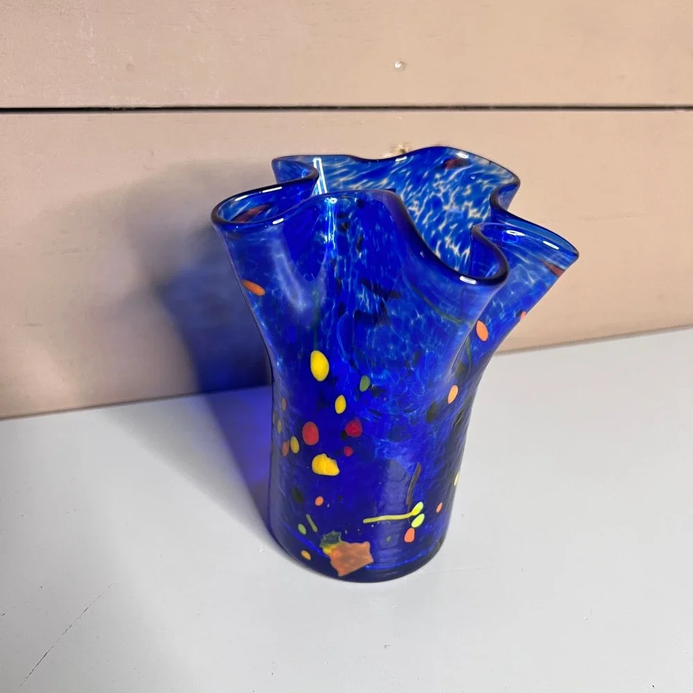 Hand Blown Cobalt Blue Confetti Glass Vase Ruffled Handkerchief Rim‎ 5.5 Inch